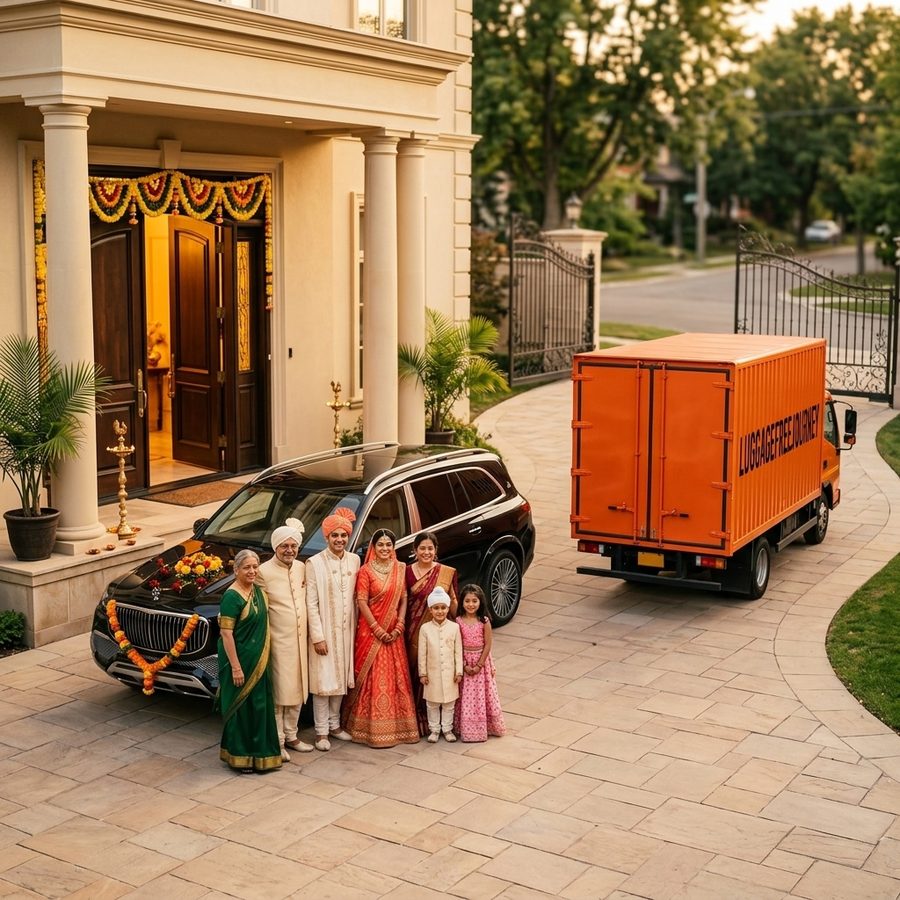 Indian wedding family departing their villa; LuggageFreeJourney orange truck heading out through the gate with their luggage