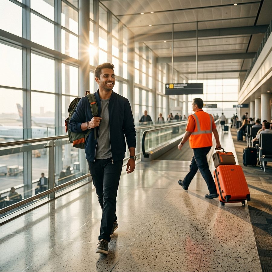 Traveler walking hands-free through a bright airport at dawn