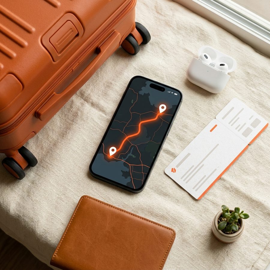 Overhead flat-lay of a phone showing a live GPS route beside an orange suitcase