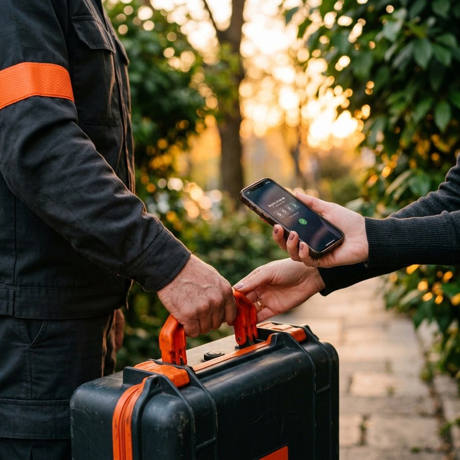 Close-up of an OTP-verified luggage handoff between courier and customer