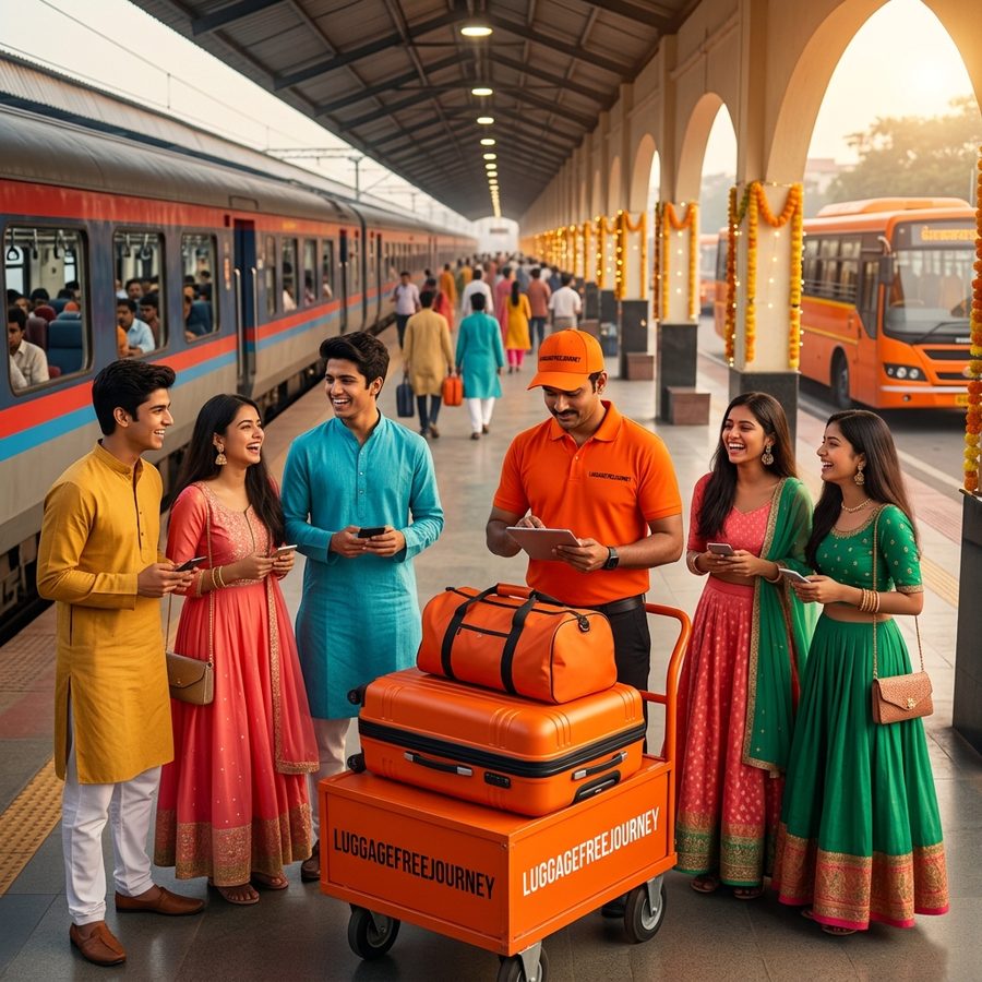 College students in festive attire at an Indian railway station handing luggage to a LuggageFreeJourney courier, with a bus visible in the background