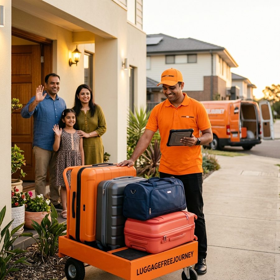 LuggageFreeJourney courier collecting four suitcases and bags from a smiling family at their doorstep, orange delivery van waiting on the road